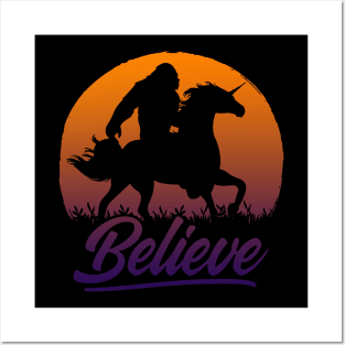 Bigfoot Riding Unicorn Vintage Sasquatch Posters and Art